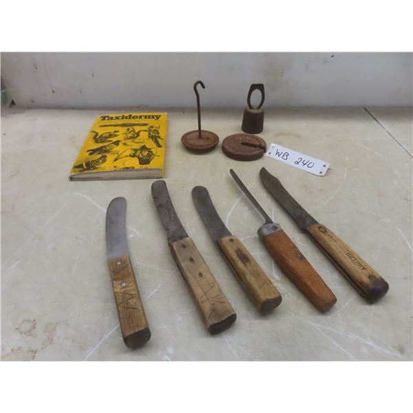 Five Antique Butcher Knives, Three Scale Weights and 1967 U.S. Taxidermy Hardcover Book