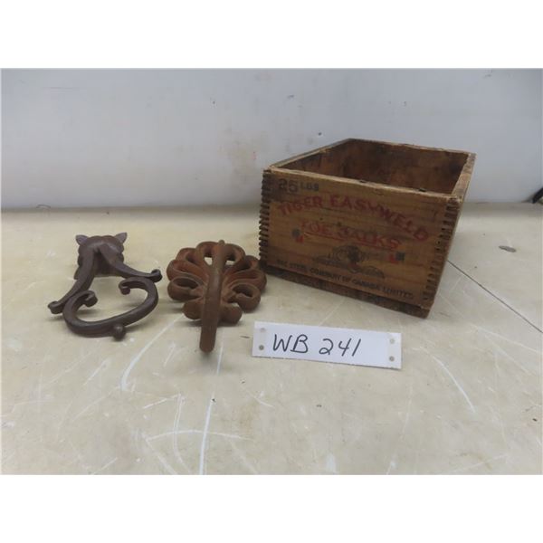 Two Antique Cast-Iron Door Knockers With Hook and Toe Calks in Wood Box