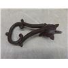 Image 3 : Two Antique Cast-Iron Door Knockers With Hook and Toe Calks in Wood Box