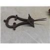Image 4 : Two Antique Cast-Iron Door Knockers With Hook and Toe Calks in Wood Box