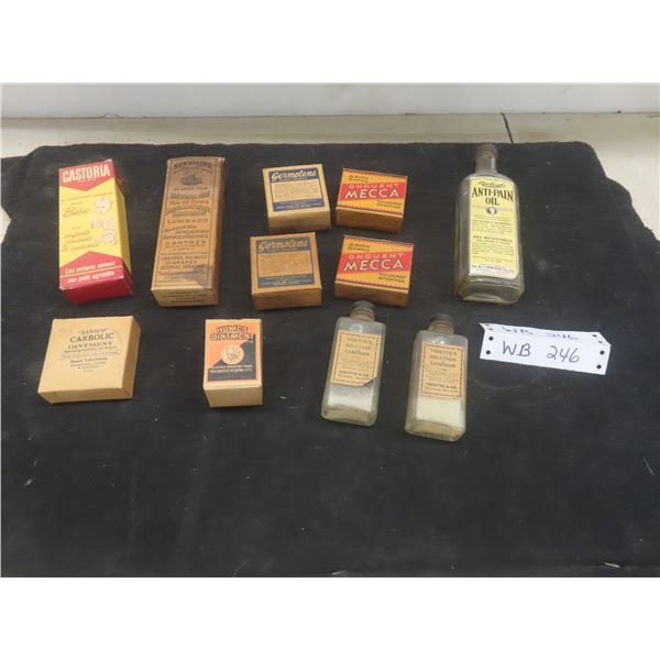Eleven 1920s Antique Apothecary/Chemist Ointment Bottles and Boxes (Some With Product)