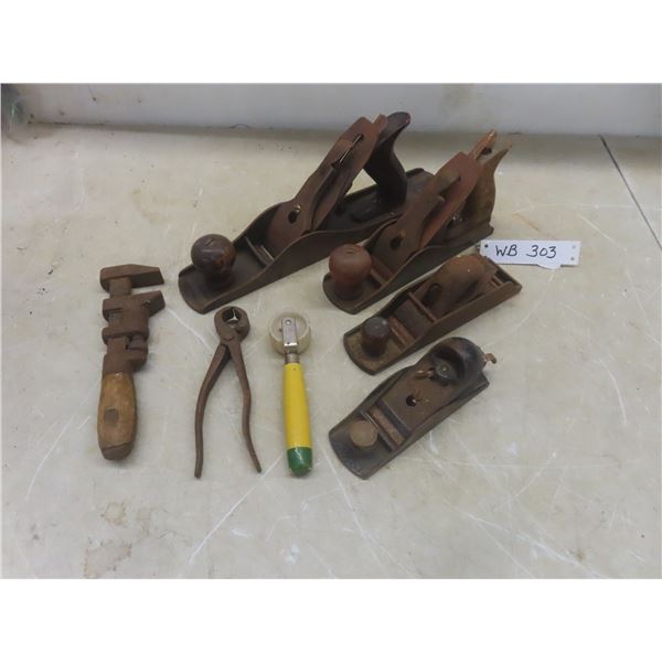 Four Antique Stanley Wood Planers With Monkey Wrench, Nipper and Roller