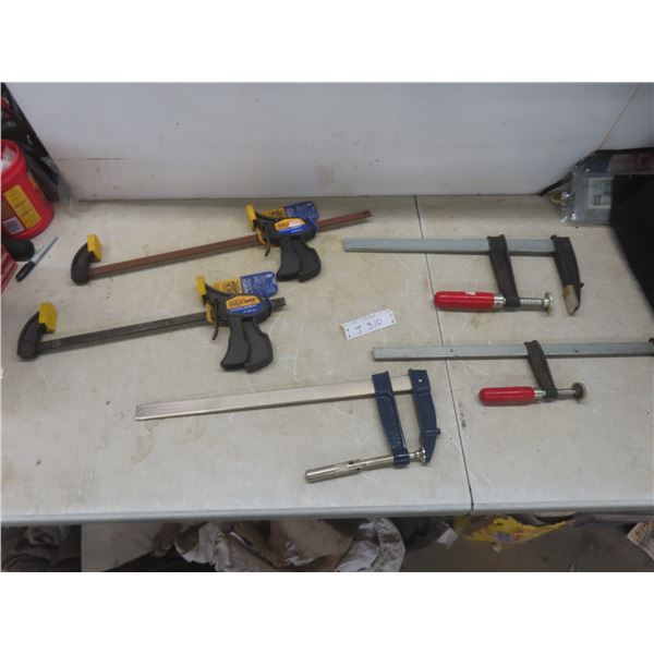 Five Clamps Including 12" and 18" Bar Clamps and Three Additional Clamps