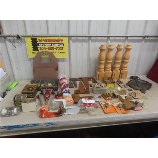 Assorted Vintage Hardware Including Door Knobs, Hinges, Tape Measure, Shammy and Rim Lock Cylinders