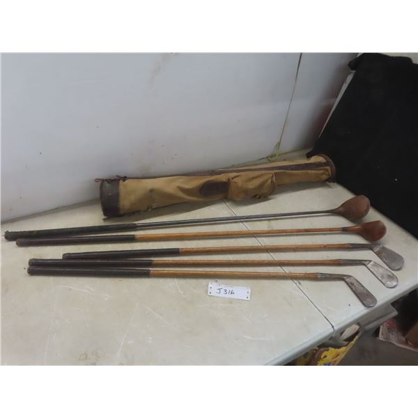 Vintage Golf Clubs With Bag Including Four Clubs with Wood Shaft