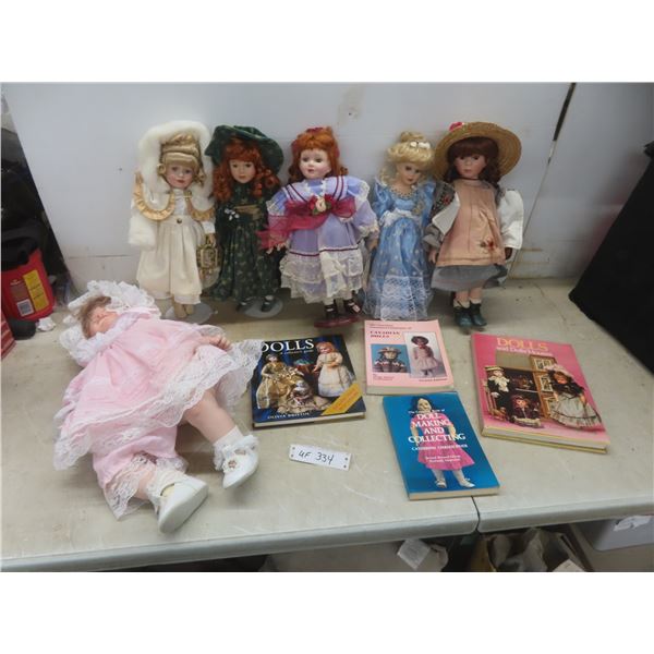 Six Porcelain Dolls With Four Doll Collecting Books