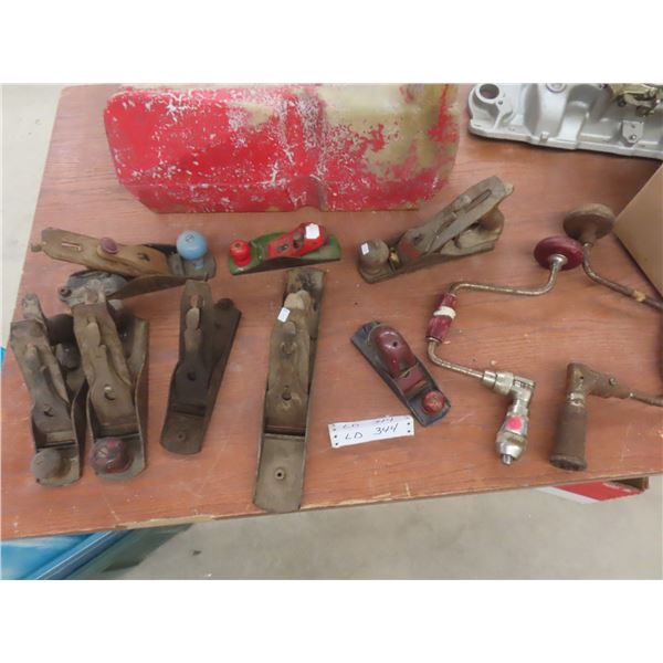 Eight Vintage Wood Planes and Two Manual Drills