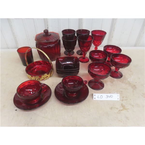 Twenty-Piece Vintage Ruby Red Glassware Set Including Sherbet Glasses, Cups, Saucers, Bowls and