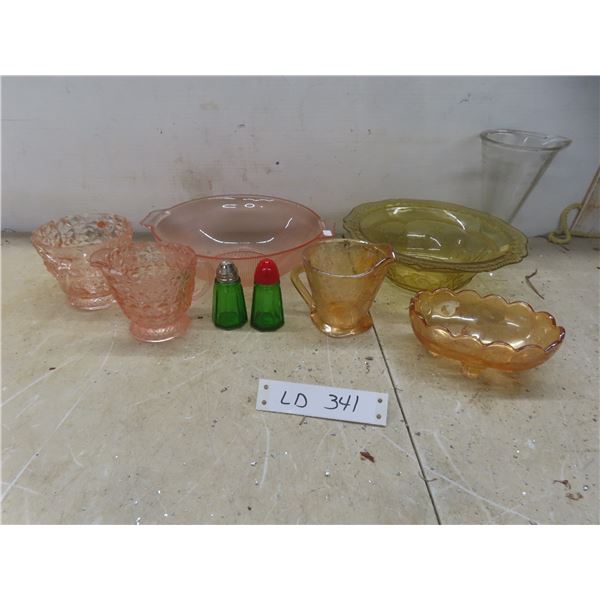 Nine Pieces of Depression and Carnival Glass Including Serving Bowls, Creamer and Sugar Bowl