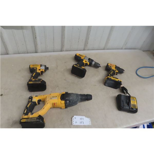 Four DeWalt 20V Tools Including Hammer Drill, 1/4" Impact, 1/2" Drill and 1/2" Hammer Drill With