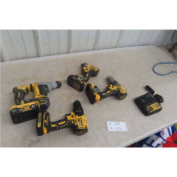 Four DeWalt 20V Tools Including 5/8" Rotary Hammer Drill, 1/2" Drill, 1/4" Impact and 1/2" Hammer