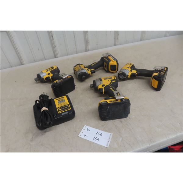 Four DeWalt 20V 1/4" Impact Drivers With Four Batteries and Charger (All Working)