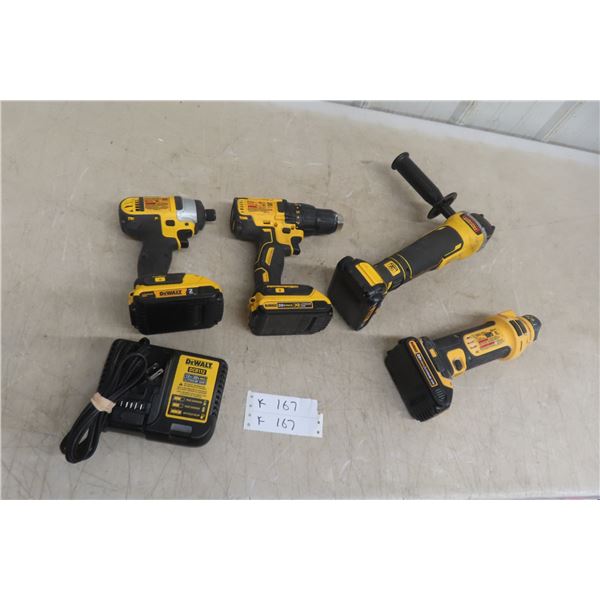 Four DeWalt 20V Tools Including 1/4" Impact, 1/2" Drill and 4 1/2" Grinder With Four Batteries and