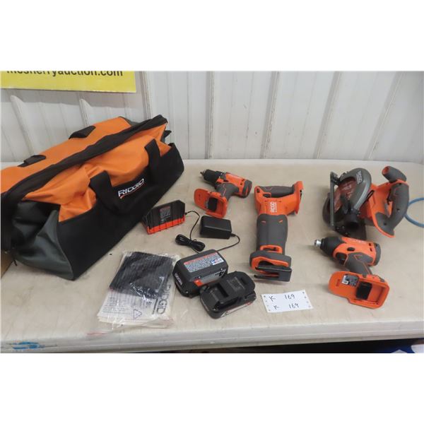 New Ridgid 18V Four-Tool Combo Set Including Circular Saw, Impact Driver, Reciprocating Saw,
