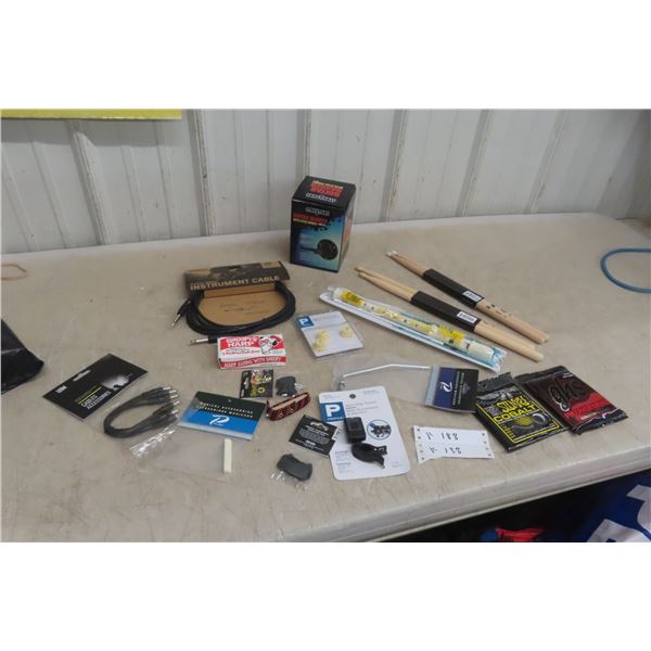Assorted New Musical Instrument Accessories Including Guitar Hanger, 10' Cable, Picks, Recorder,