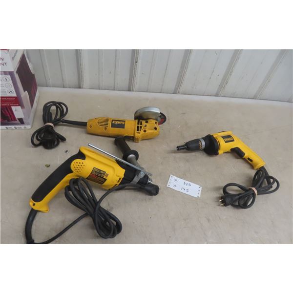 Three DeWalt Power Tools Including Drywall Gun, Angle Grinder and 1/2" Drill (All Working)