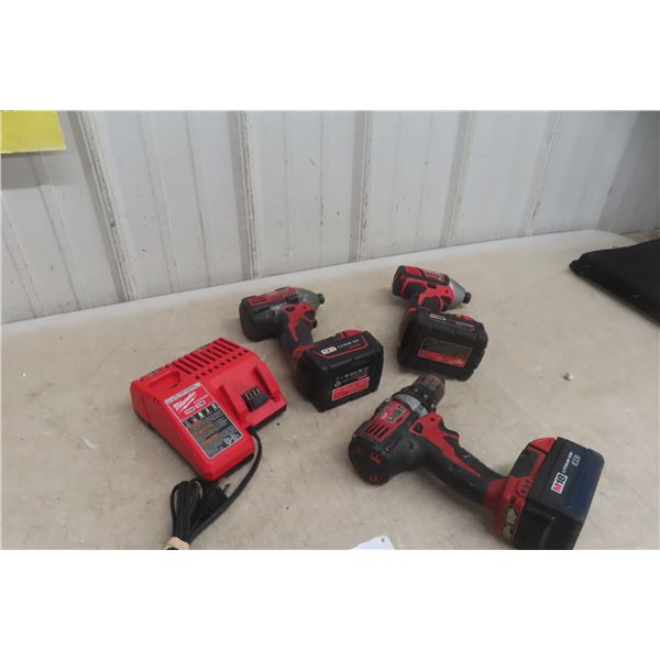 Three Milwaukee 18V Tools (Two 1/4" Impacts and 1/2" Drill) With Three Batteries and Charger