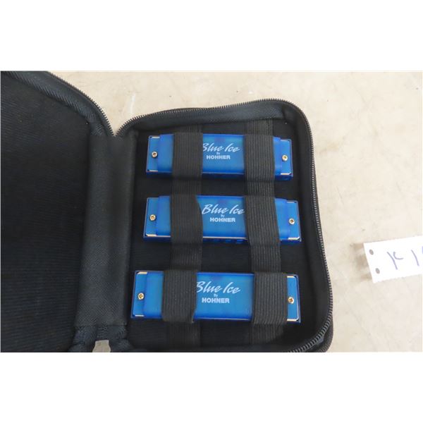 Three Hohner Blue Harmonicas With Case