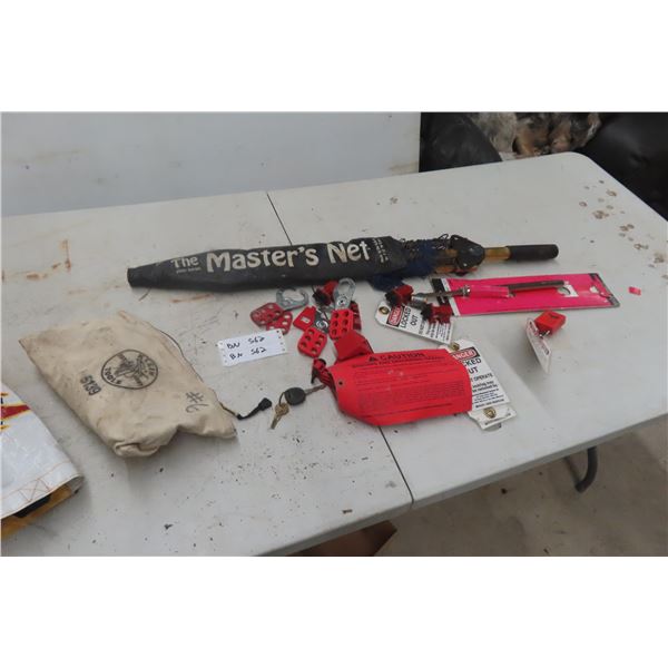 Assortment of Fishing Nets, Lockout Tool, and Air Pressure Gauge Pins
