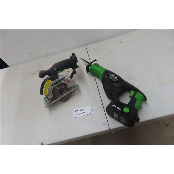 Two Kawasaki 21.6V Tools: Reciprocating Saw and Circular Saw, One Battery, No Charger