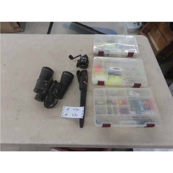 Tasco Binoculars (367/1000 yards), Fishing Reel, Knife, and Fishing Tackle