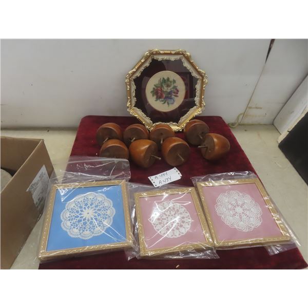 Three Framed Handmade Doilies, Petit Point Framed Picture, and Eight Wooden Furniture Legs