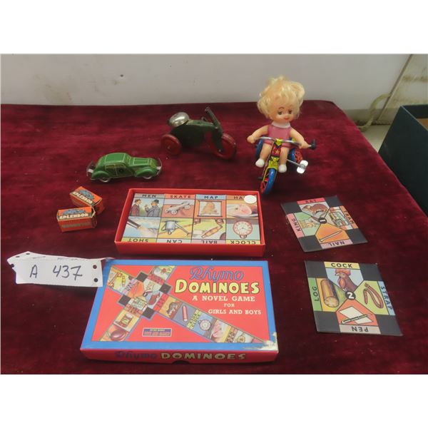 Vintage Wind-Up Toys, Rhymo Dominoes Game, and Two Splendor Bulbs with Original Boxes