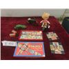 Image 1 : Vintage Wind-Up Toys, Rhymo Dominoes Game, and Two Splendor Bulbs with Original Boxes