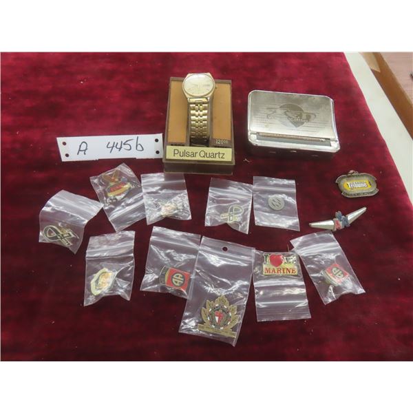 Pulsar Quartz Wristwatch, Zen Cigarette Case, Push-Button Pins, and US Marines POW-MIA Items
