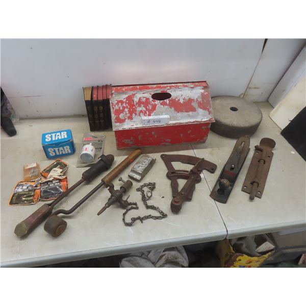 Metal Toolbox with Soldering Iron, Grinding Wheel (10 3/4" x 3"), Solder Gauge, Stanley Planer,