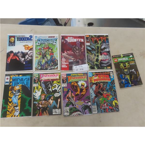 Nine Comic Books: Pitt, All-Star Squadron, Mirage, Tekken 2, and Lego Ninjago (Values 0.60–3.55)