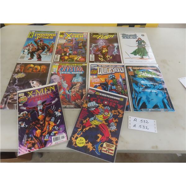 Ten First-Issue Comic Books: Indiana Jones, X-Men, Kid Flash, Quicksilver (Values .60–4.20)