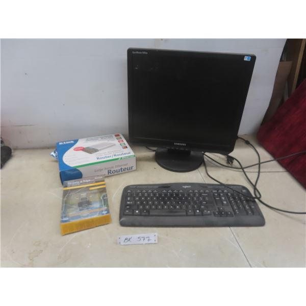 Samsung 19  Monitor, Logitech Keyboard, D-Link Router, Microsoft Streets & Trips 2007, and Printer