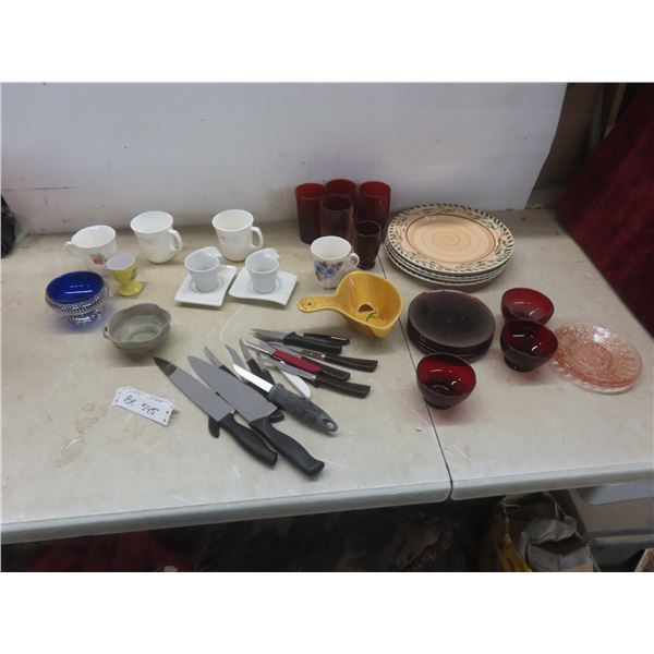 Kitchenware Lot: Corelle & Royal Grafton Mugs, Ruby Red Plates, Glasses & Knives