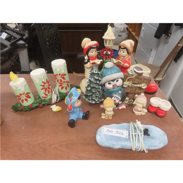 Christmas Décor Including Ceramic Three-Piece Elect Candle Set, Carol Singer Figurines, and More