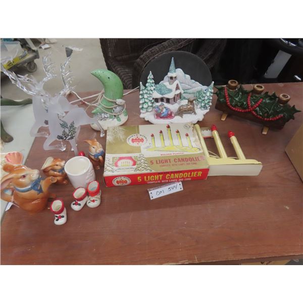 Christmas Décor Including Two Light-Up Displays, Vintage Five-Light Candelabra, Glass Reindeer,