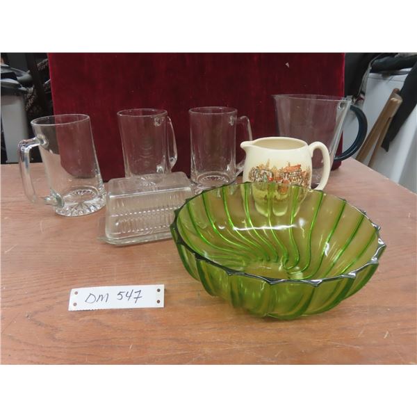 Three Large Glass Mugs, Pitcher, and Butter Dish with Lid