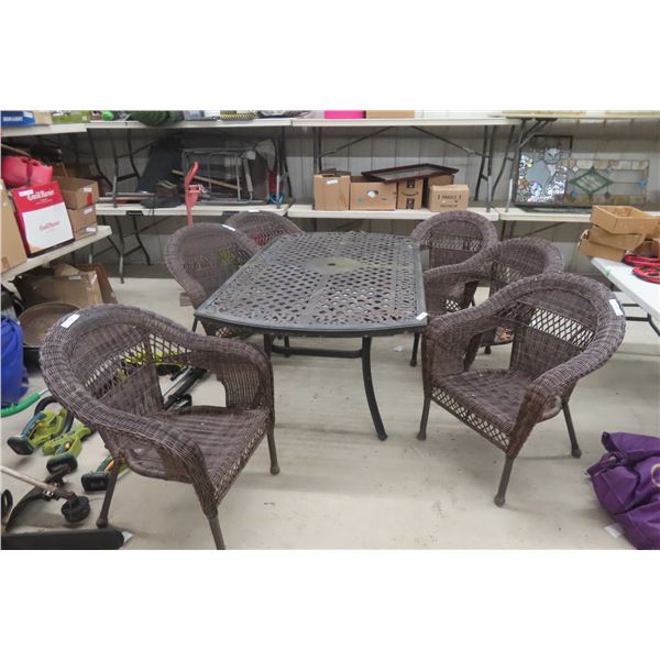 Wrought Iron Patio Table (28" x 69" x 40") with Six Wicker Chairs and Umbrella