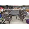 Image 1 : Wrought Iron Patio Table (28" x 69" x 40") with Six Wicker Chairs and Umbrella