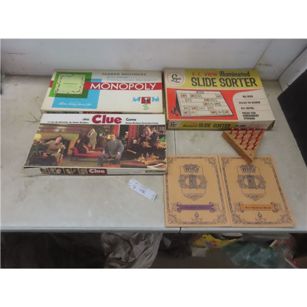 Board Games: Monopoly, Clue, The Doctor Who & Illuminated Slide Sorter