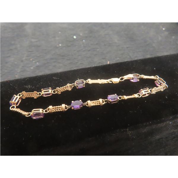 10k Gold Bracelet with Nine Amethyst Gems, 4 Grams, 7.5" Length, Missing Clasp Lock