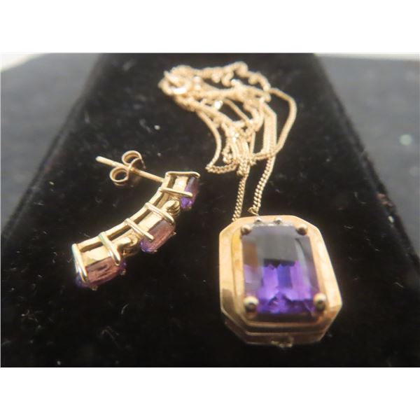 10k Gold Earring w/ Amethyst, 1 Gram, 10k Gold Necklace w/ Emerald-Cut Amethyst, 3g , 19"