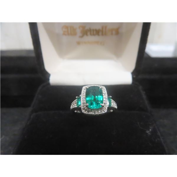 9k White Gold and Lab-Grown Emerald Ring, Size 6, 3.7 Grams