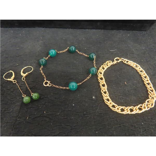 12k Gold-Filled Earrings and 7" Bracelet with Green Stones, Stamped Germany, Plus More