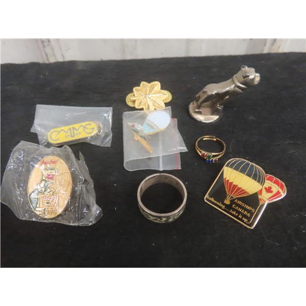 Sterling Silver Ring, Mini Mack Hood Ornament, and Miscellaneous Pins