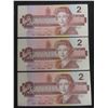 Image 1 : Three 1986 Canadian $2 Uncirculated Bills with Sequential Serial Numbers