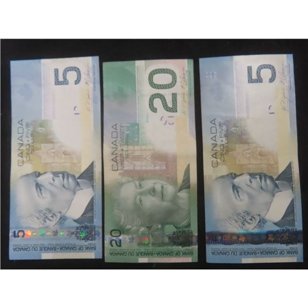 Two 2006 Canadian $5 Bills and One 2004 Canadian $20 Bill