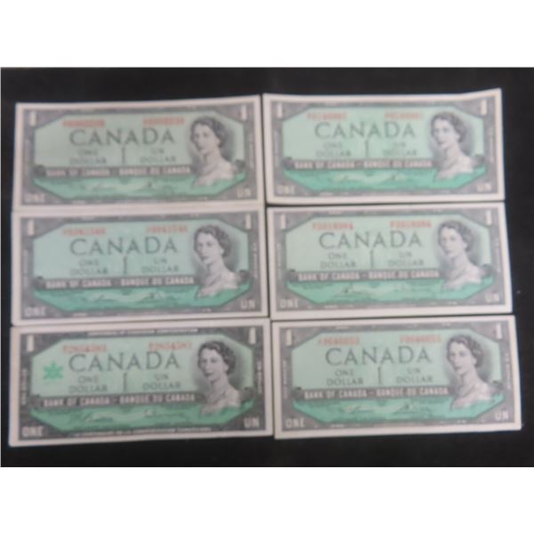 Five 1954 Canadian $1 Bills and One 1967 Canadian $1 Bill