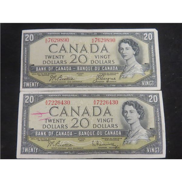 Two 1954 Canadian $20 Bills
