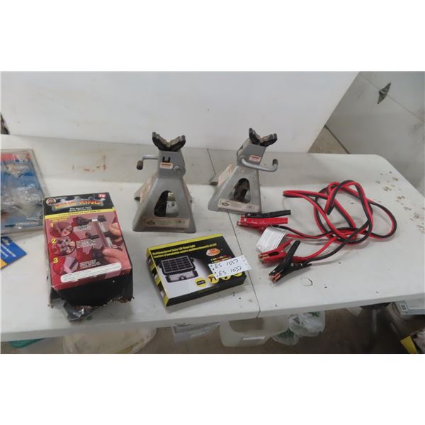 Two Jack Stands, Booster Cable, Ding King Dent Repair, Solar Flood Light (Barrel Duty)